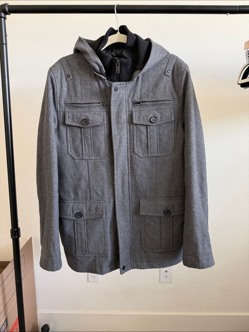 Guess Men’s Gray Hooded Wool Peacoat Jacket - Size Medium